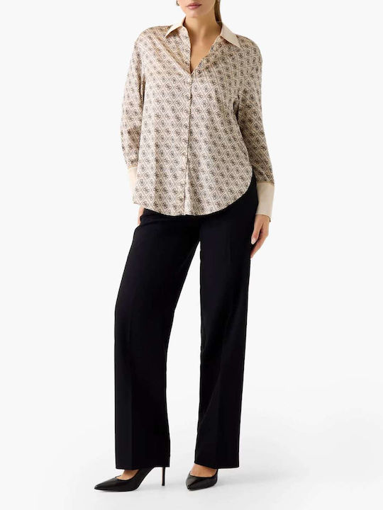 Langärmelig Damen Hemd Beige Blumen