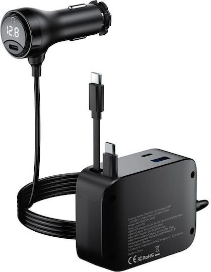 Mobile Origin Car Charger 75W 3A Fast Charging with Ports: 1xUSB 2xType-C with Cable Type-C Black Color