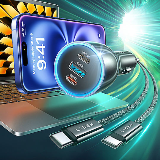Lisen Încărcător Auto 170W Cu Încărcare Rapidă Cu Porturi: 1xUSB-A 2xType-C Împreună Cu Cablu Type-C Culoare Neagră