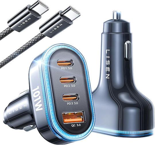 Lisen Auto-Ladegerät 101W Schnellladung mit Anschlüssen: 1xUSB 3xType-C mit Kabel Typ-C,TC-TC Schwarz Farbe