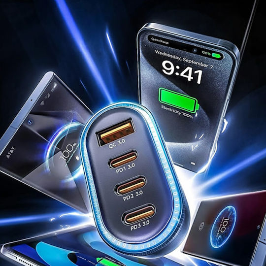 Lisen Auto-Ladegerät 101W Schnellladung mit Anschlüssen: 1xUSB 3xType-C mit Kabel Typ-C,TC-TC Schwarz Farbe