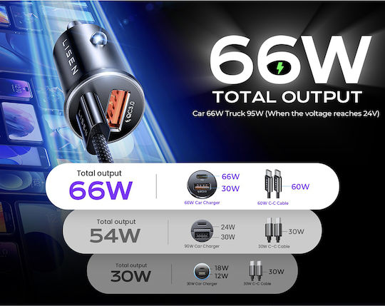 Lisen Auto-Ladegerät 65W Schnellladung mit Anschlüssen: 1xUSB 1xType-C mit Kabel Typ-C,TC-TC Silber Farbe