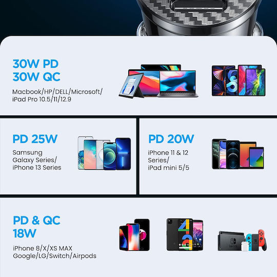 Ring Φορτιστής Αυτοκινήτου 30W με Θύρες: 1xUSB 1xType-C Μαύρο Χρώμα