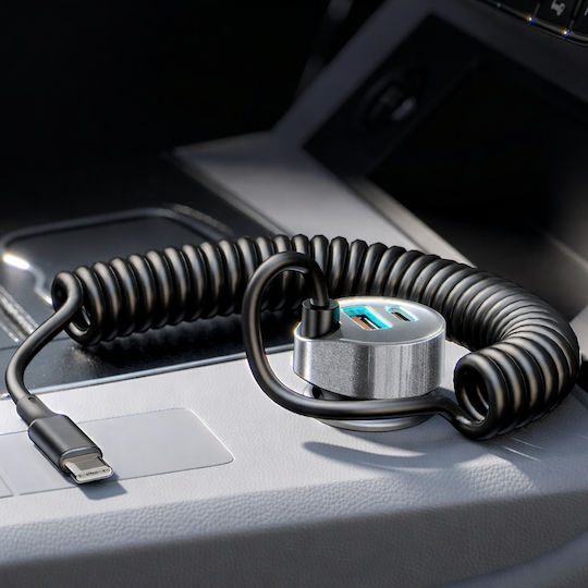Lisen Încărcător Auto Cu Mufă De Brichetă 90W Încărcare Rapidă Cu Porturi 1xUSB-A 1xType-C Cu Cablu Type-C Culoare Neagră
