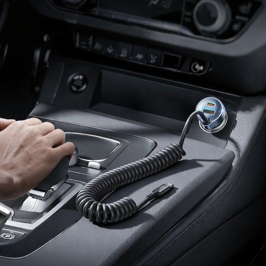 Lisen Încărcător Auto Cu Mufă De Brichetă 90W Încărcare Rapidă Cu Porturi 1xUSB-A 1xType-C Cu Cablu Type-C Culoare Neagră