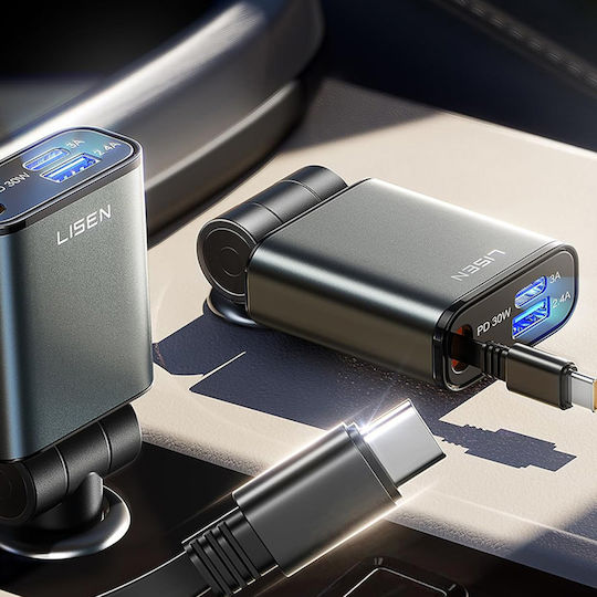Lisen Car Charger 57W Fast Charging with Ports 1xUSB-A 1xType-C with Type-C Cable Black Colour
