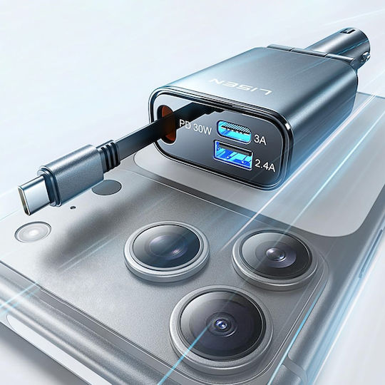 Lisen Car Charger 57W Fast Charging with Ports 1xUSB-A 1xType-C with Type-C Cable Black Colour