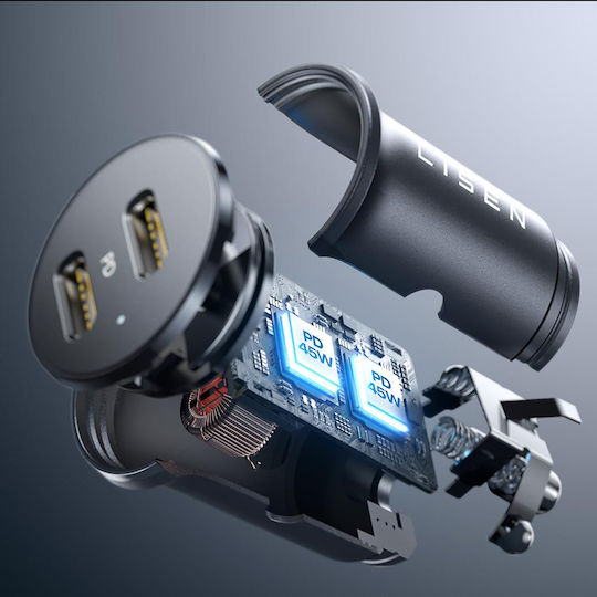 Lisen Încărcător Auto Cu Mufă De Brichetă 45W Încărcare Rapidă Cu Porturi 1xUSB-A 1xType-C Culoare Neagră