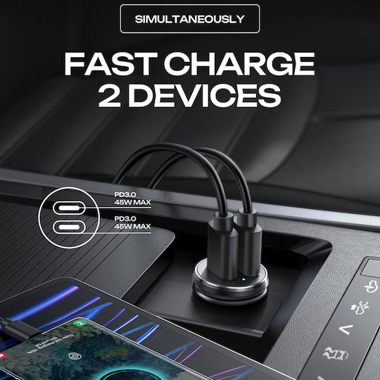 Lisen Încărcător Auto Cu Mufă De Brichetă 45W Încărcare Rapidă Cu Porturi 1xUSB-A 1xType-C Culoare Neagră