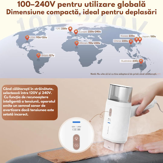Aparat de călcat cu abur pentru haine de Mână 1200W cu rezervor 180ml Alb