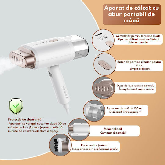 Aparat de călcat cu abur pentru haine de Mână 1200W cu rezervor 180ml Alb