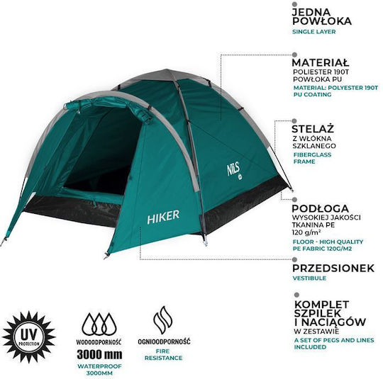 Nils Mountaineering Camping Tent Green 3 Seasons for 2 People Waterproof 3000mm 205x150x105cm