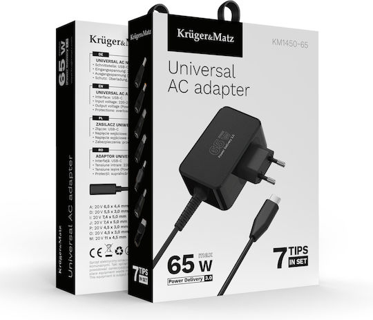 Kruger & Matz USB-C Universal Laptop Charger 65W 5V 3A for Universal / Dell / HP / Lenovo / Sony / Samsung with Detachable Power Cord