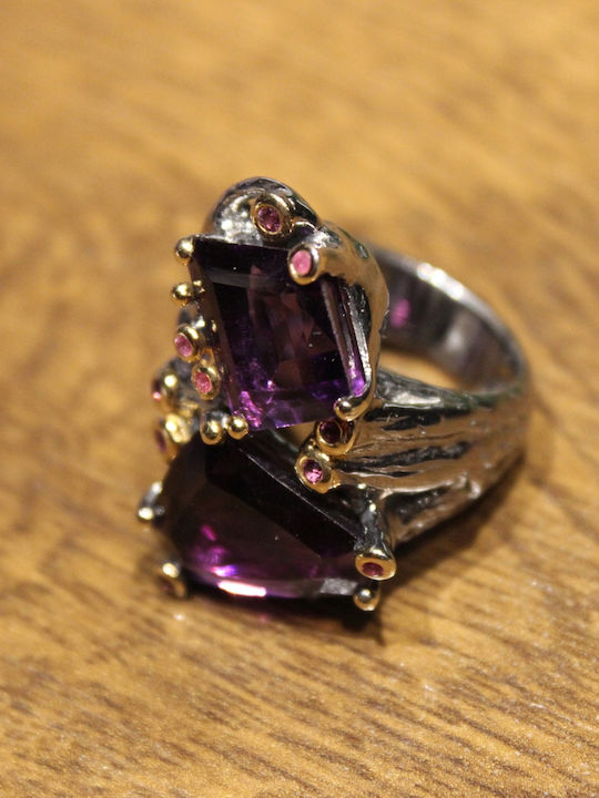 Artistic Silver Ring Natural Amethysts Garnets Size 15.5