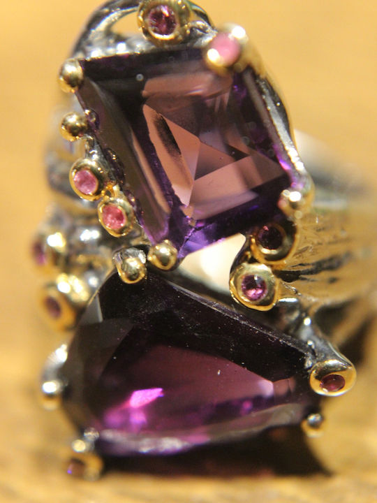 Artistic Silver Ring Natural Amethysts Garnets Size 15.5