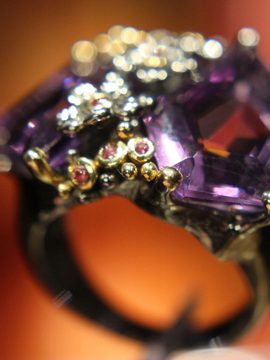 Artistic Silver Ring Natural Rhodolite Amethysts Size 16.5