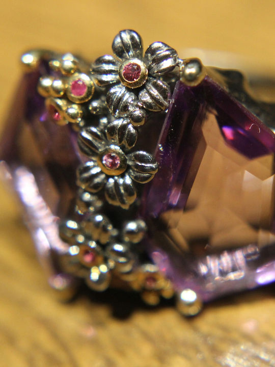 Artistic Silver Ring Natural Rhodolite Amethysts Size 16.5