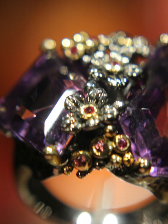 Artistic Silver Ring Natural Rhodolite Amethysts Size 16.5