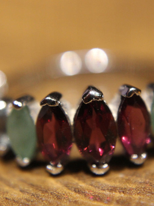 Silver Ring Natural Rhodolite Garnets Emeralds Tourmalines Size 20