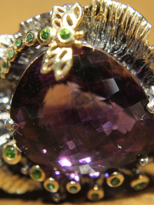 Artistic Silver Ring Natural Amethyst Diopside Size 14
