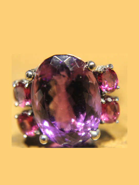 Artistic Silver Ring Natural Amethyst Garnets Size 16