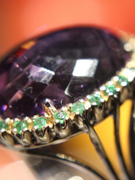 Artistic Silver Ring Natural Amethyst Diopsides Size 16.5
