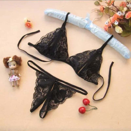 Black Bra+underwear+socks Open See-through Bra Panty Set Os