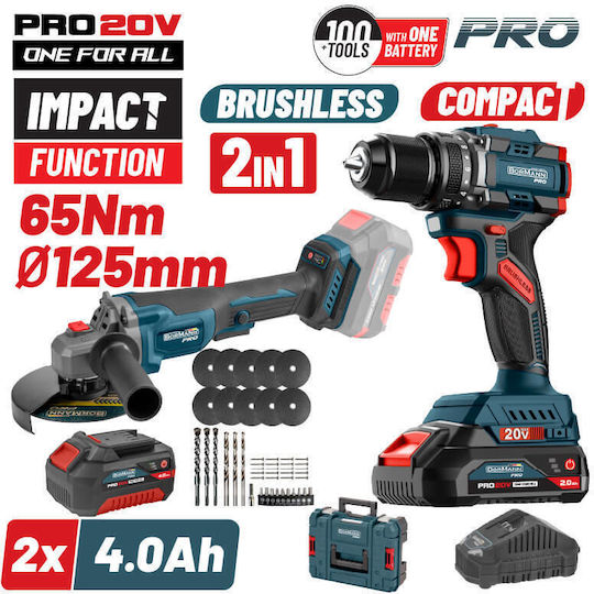 Bormann Pro Set Angle Wheel & Impact Drill Driver Brushless 20V with 2 Batteries 4Ah