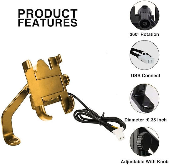 Suport Smartphone Oglindă Motocicletă Încărcare Usb Auriu