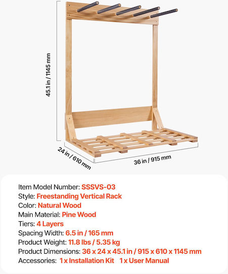 Vevor Vertical Surf Stand Wooden Surf Rack 4 Levels Storage Display Free Organization Base Holder Surf Wakeboards Snowboards Kiteboards Shortboard Ski