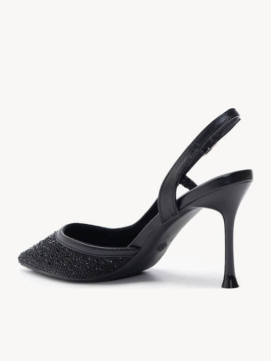 Μαύρες Μυτερές Γόβες Slingback Στρας Λεπτό Τακούνι