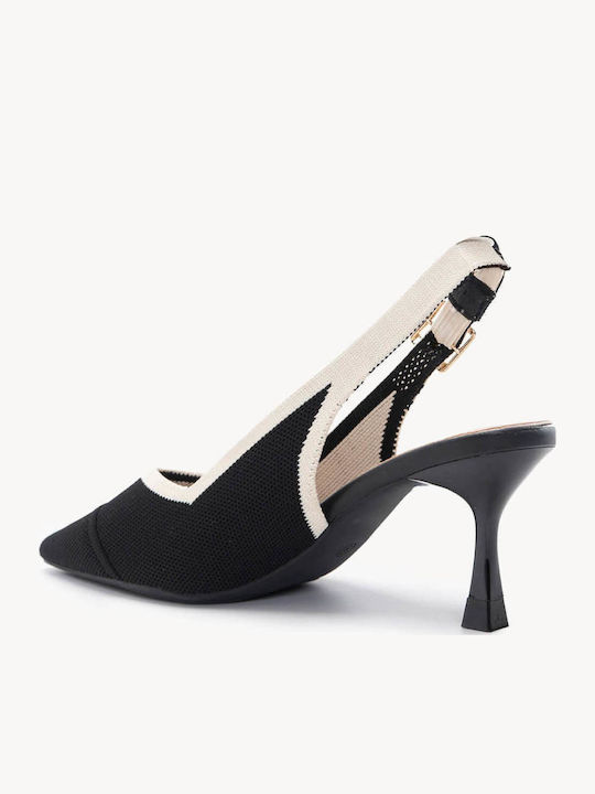 Pantofi Cu Toc Negri Elastic Cu Barete Textură Tricotată