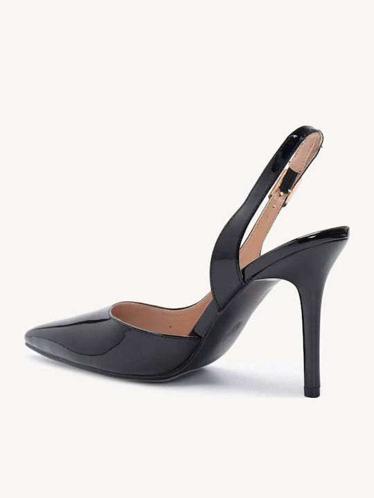 Pantofi Cu Toc Negri Din Lac Slingback Cu Linia Ascuțită