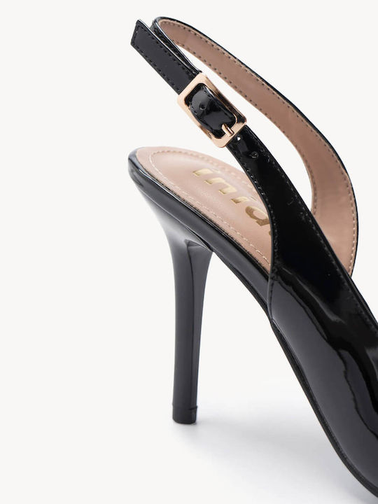 Pantofi Cu Toc Negri Din Lac Slingback Cu Linia Ascuțită