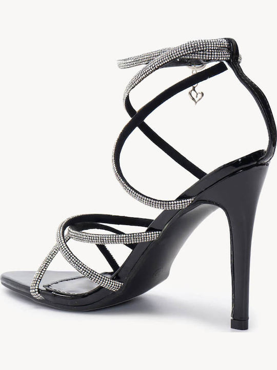 Schwarze Hohe Damen Sandalen mit Dünnen Riemen mit Strass