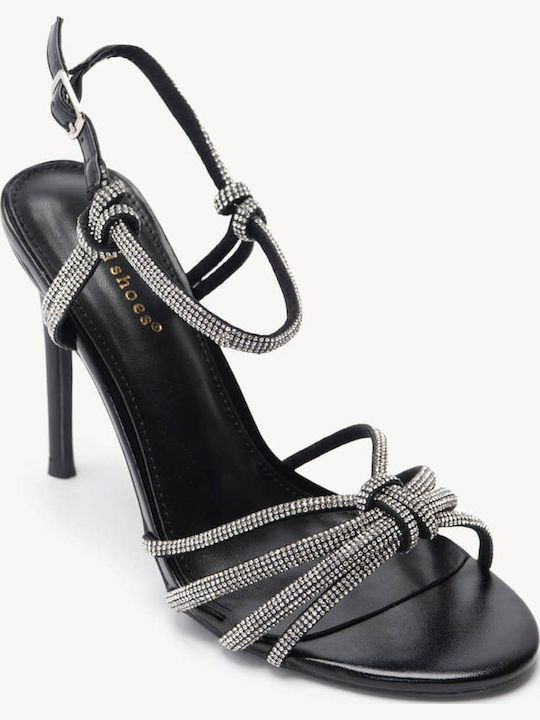 Black Evening Sandals with Strass Thin High Heel