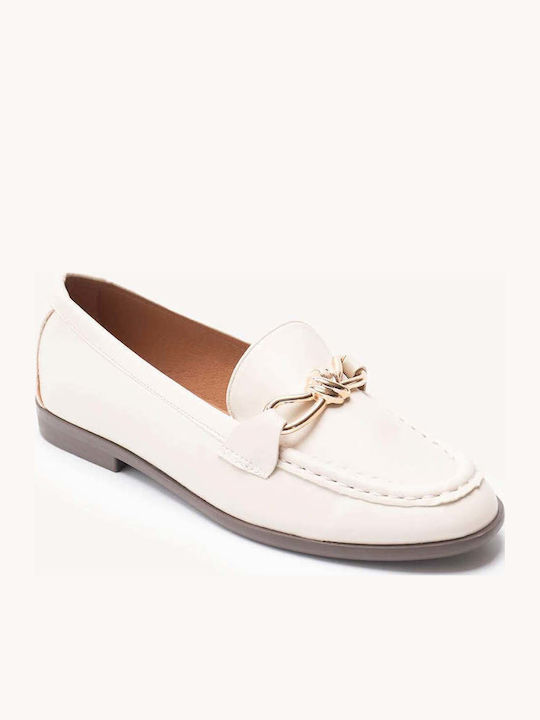 Loafers De Piele Bej Cu Inel Metalic Talpă Joasă