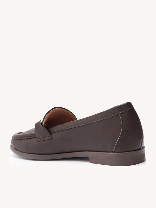 Brown Leather Loafers With Metal Ring Low Sole