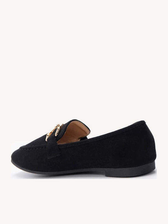 Μαύρα Suede Loafers Μεταλλική Αλυσίδα Χαμηλή Σόλα