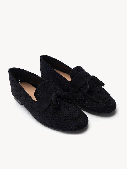 Mocasini Dama Loafers Din Suede Negru Cu Model Perforat Și Ciucuri