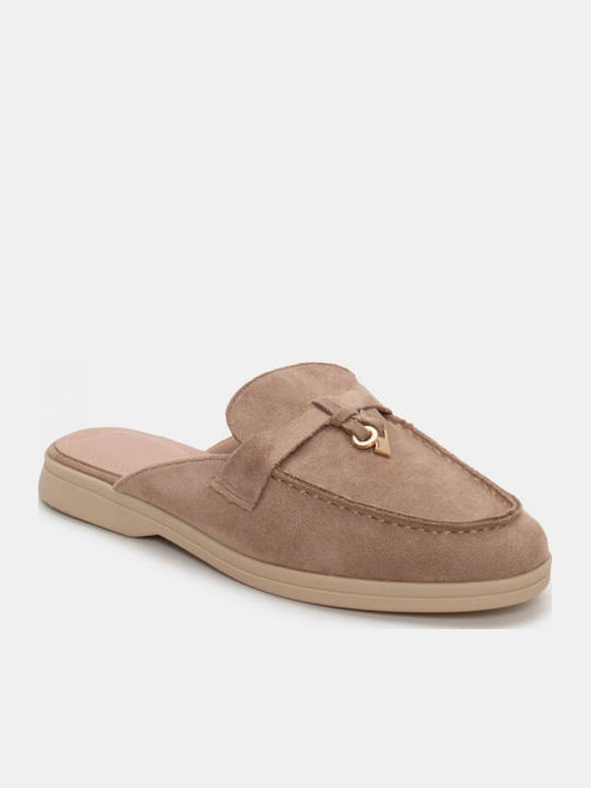 Flach Wildleder Mules in Beige Farbe
