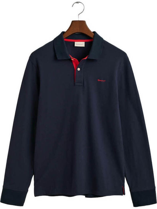 Contrast Polo Long Sleeve Navy Blue Blouse
