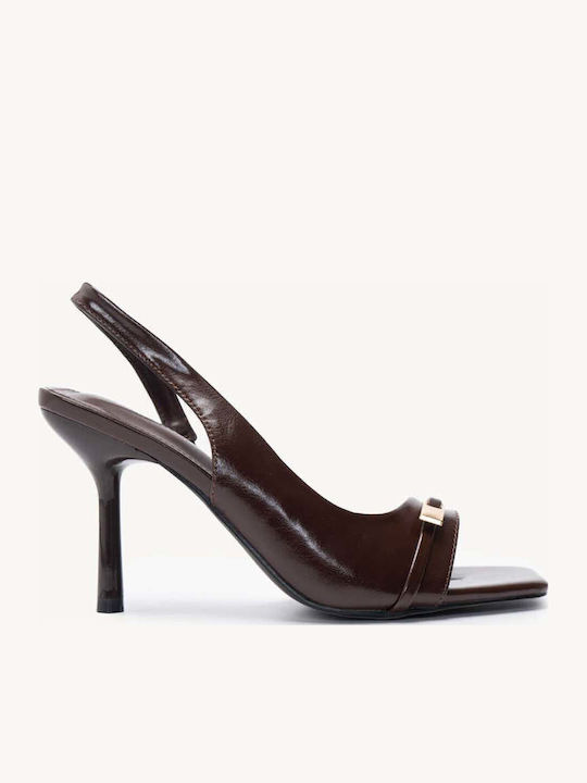 Καφέ Πέδιλα Λουράκι Slingback Λεπτό Ψηλό Τακούνι