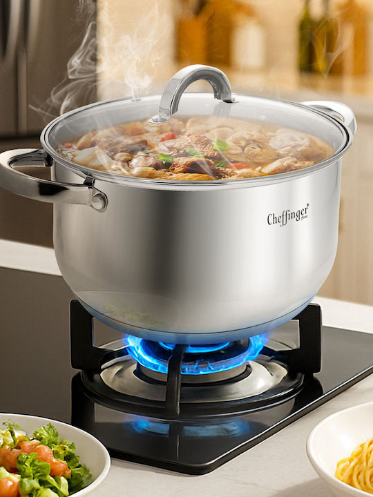Cheffinger Тенджера От Неръждаема Стомана Стъклен Капак 18см 2.9л Съвместима С Индукция Сребриста