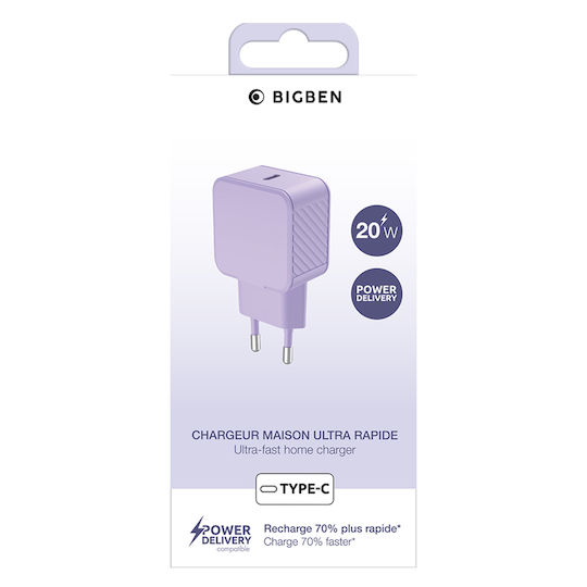 BigBen Connected Charger Without Cable with USB-C Port 20W Power Delivery Purple