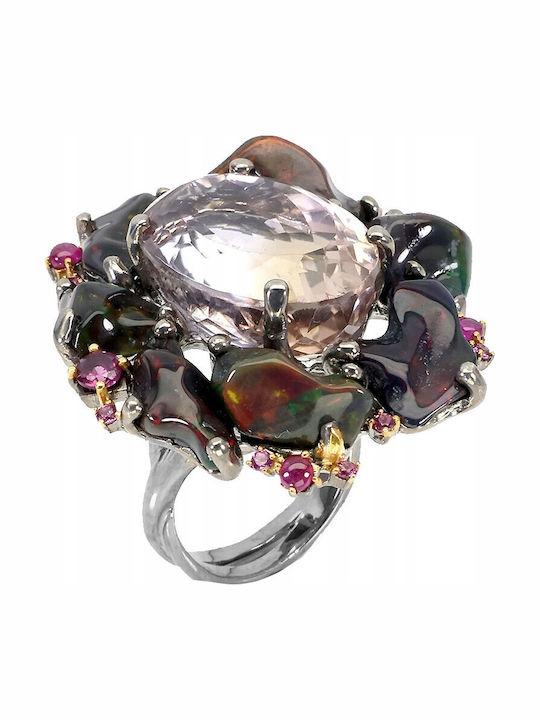 Silver Ring Size 14 Amethyst 2.1ct Black Opals