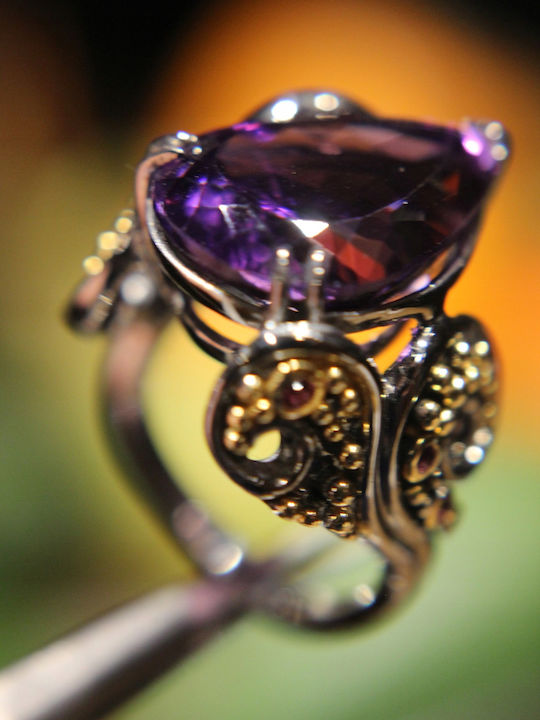 Künstlerischer Silberring Natürlicher Amethyst Granate Größe 17,5