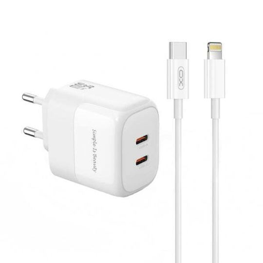XO Ladegerät GaN mit 2 USB-C Anschlüsse und Kabel USB-C - Lightning 35W Weißs (L140)