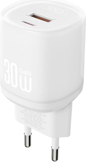 XO с USB-A порт и USB-C порт и кабел USB-C - Lightning 30W Quick Charge 3.0 Бял (L151)