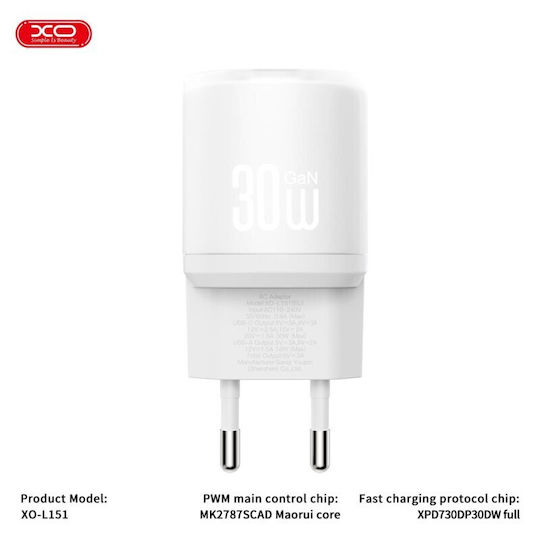 XO с USB-A порт и USB-C порт и кабел USB-C - Lightning 30W Quick Charge 3.0 Бял (L151)